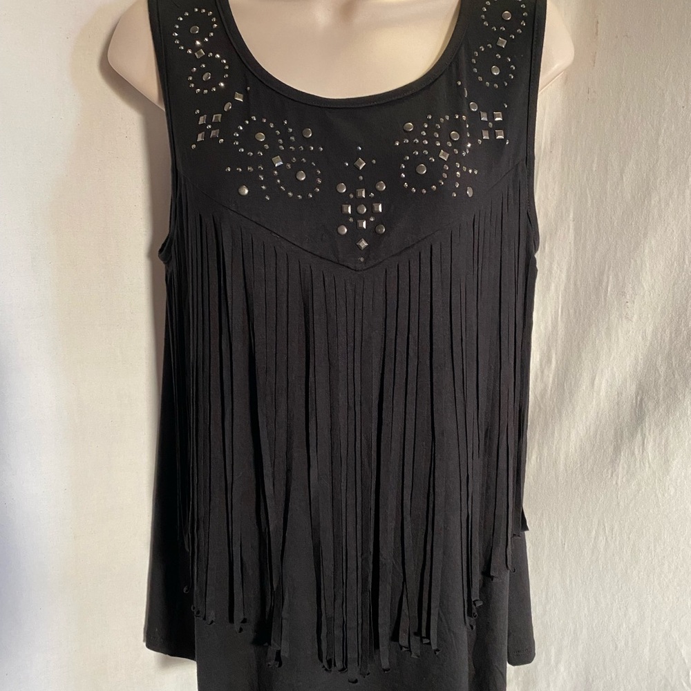 Vocal Deep Black Sleeveless Top, Fringe Front, Round Neckline with Stud Detail